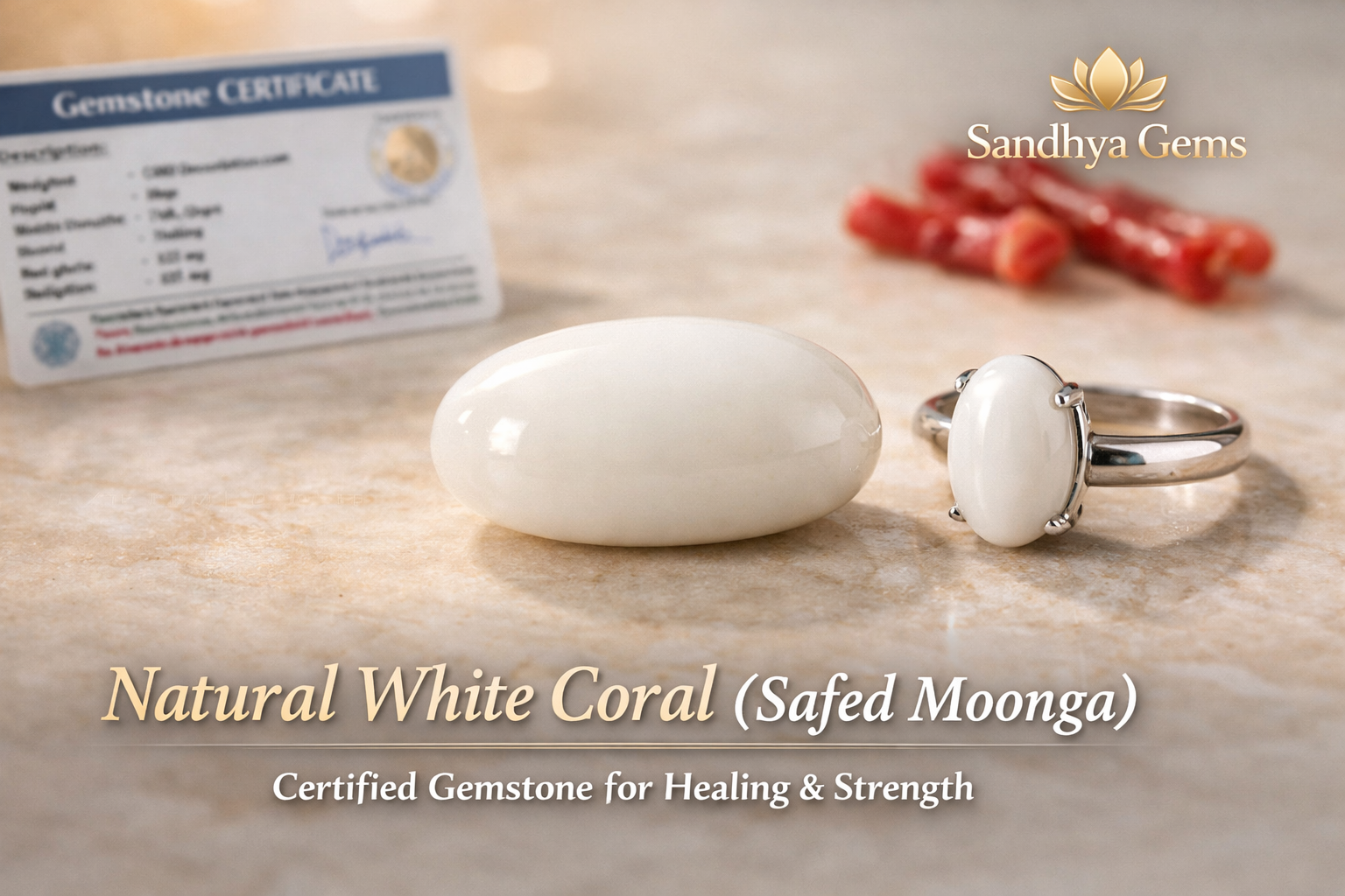 Sandhya Gems | Natural White Coral Stone (Safed Moonga) | Certified Gemstone for Healing & Strength