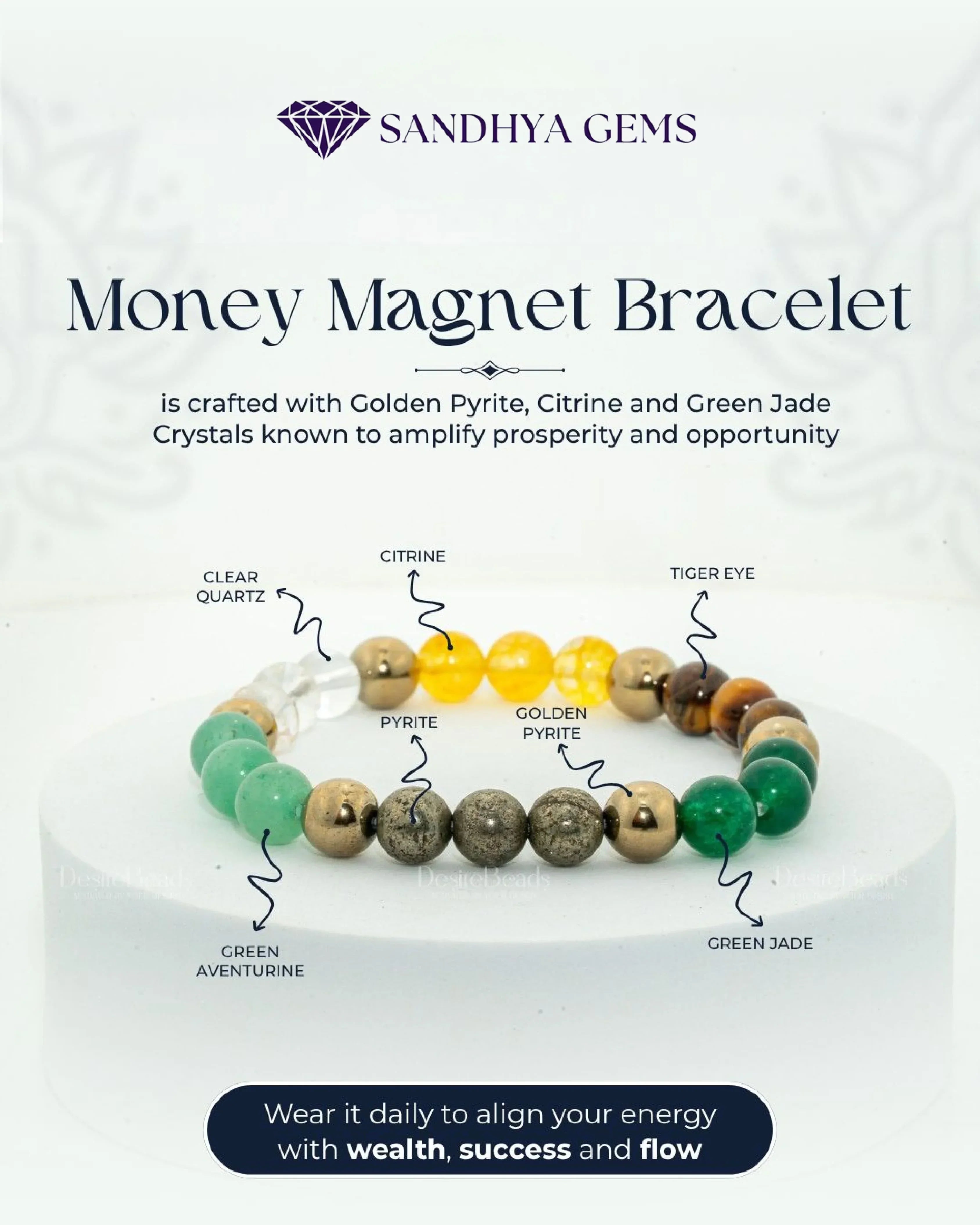 Crystal beaded bracelet with pyrite, citrine, jade, quartz, and tiger eye for prosperity.