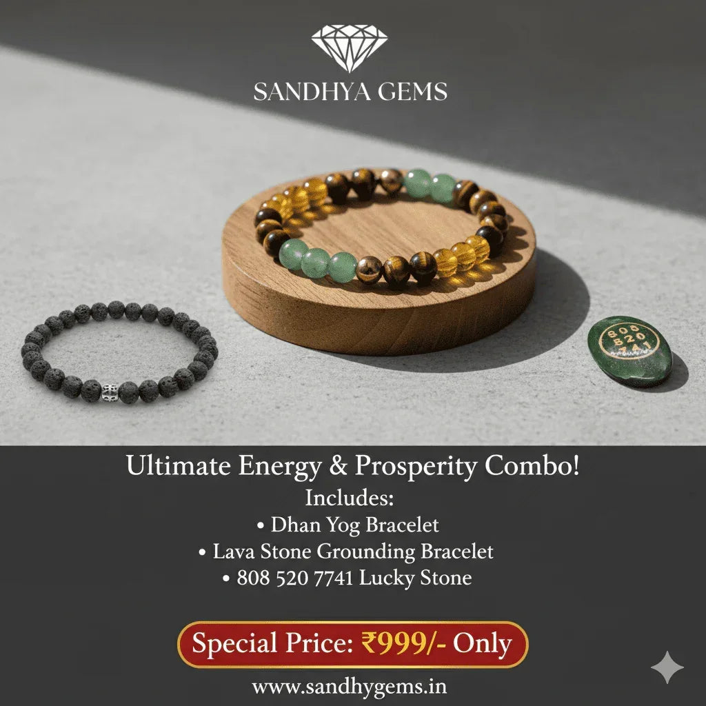 Energy and prosperity combo featuring gemstone bracelet, lava stone bracelet, and lucky stone on display.